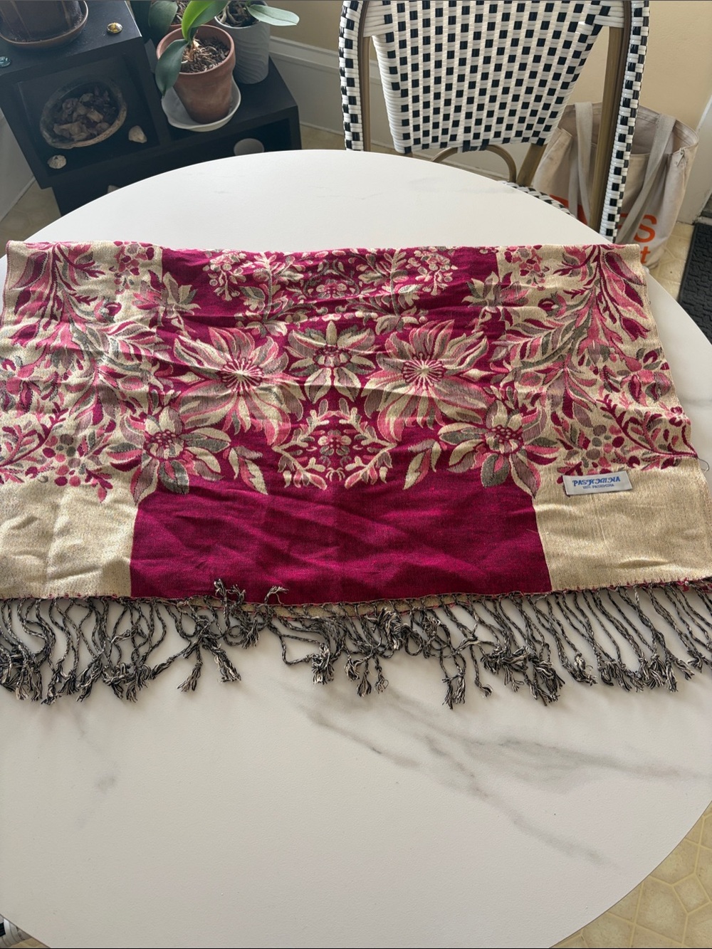 pashmina Floral Jacquard Shawl in Deep Pink and Cream with Fringe